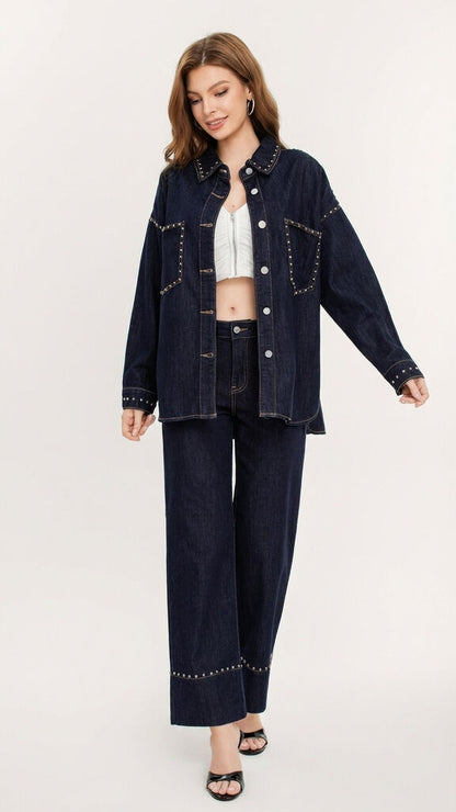 Dark Wash Denim Overshirt with Stud Accents