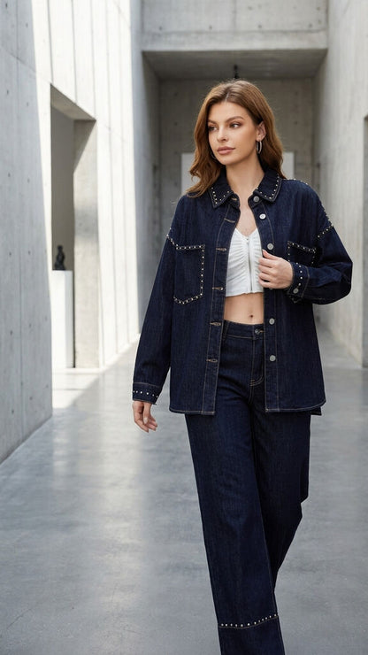 Dark Wash Denim Overshirt with Stud Accents