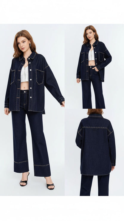Dark Wash Denim Overshirt with Stud Accents