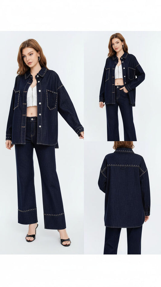 Dark Wash Denim Overshirt with Stud Accents