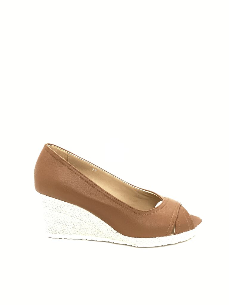 Tan Peep-Toe Espadrille Wedge with Woven Heel
