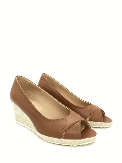 Tan Peep-Toe Espadrille Wedge with Woven Heel