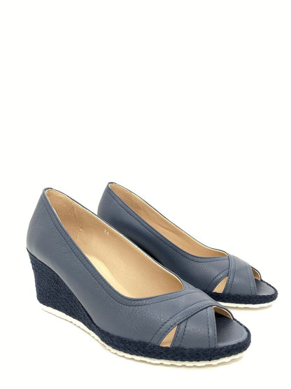 Navy Wedge Peep-Toe Shoe with Textured Heel