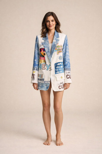 Blue Graphic Print Blazer with Playful Illustrations