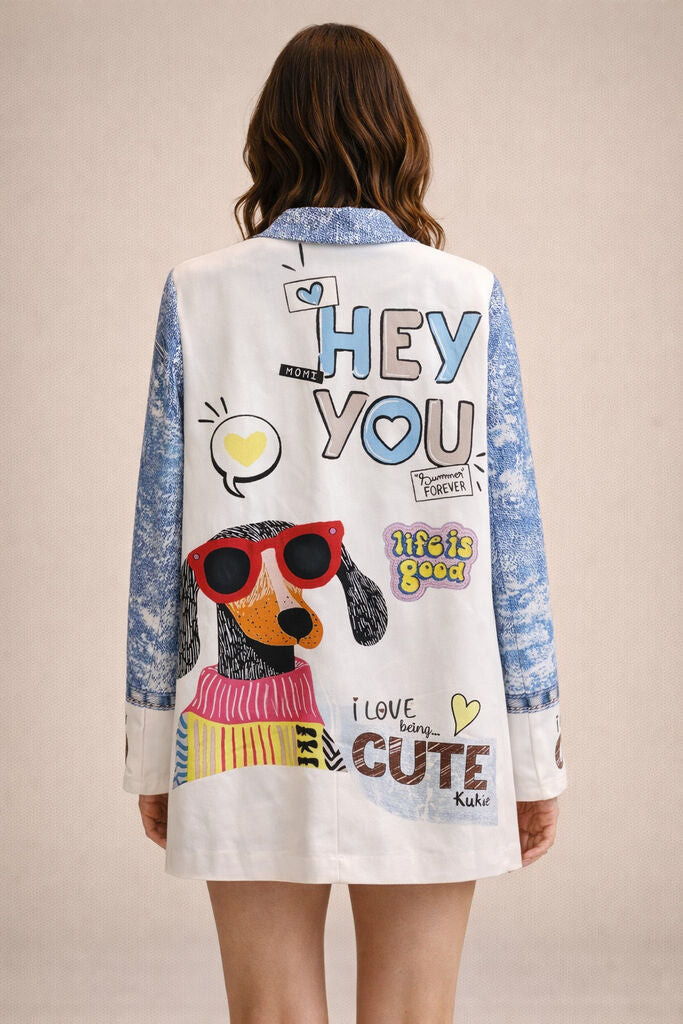 Blue Graphic Print Blazer with Playful Illustrations