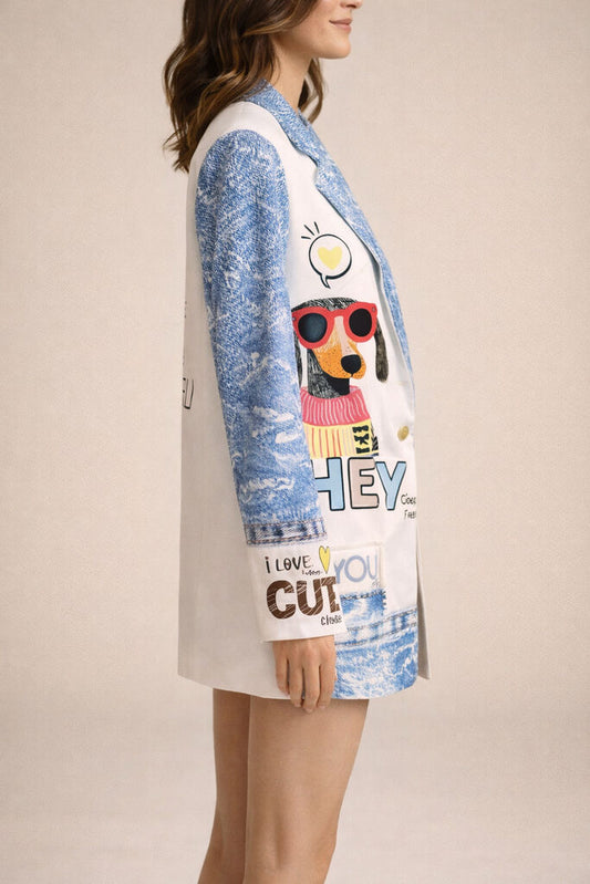 Blue Graphic Print Blazer with Playful Illustrations