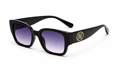 Black Glossy Square Sunglasses with Gold Emblem