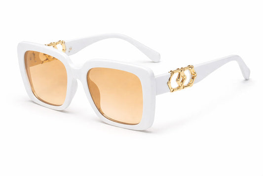 White Acetate Square Sunglasses with Gold Accent