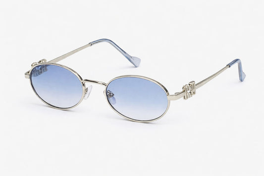 Silver Metal Oval Sunglasses with Blue Gradient Lenses