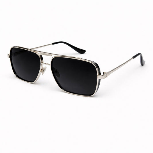 Silver Metal Aviator Sunglasses with Black Lenses