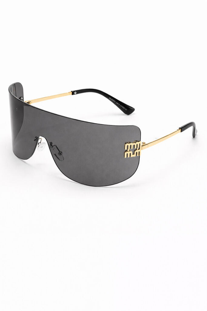 Black Oversized Shield Sunglasses with Gold Accents