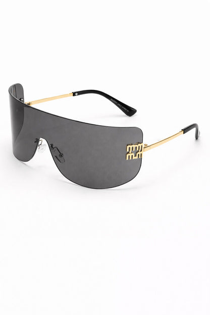 Black Oversized Shield Sunglasses with Gold Accents