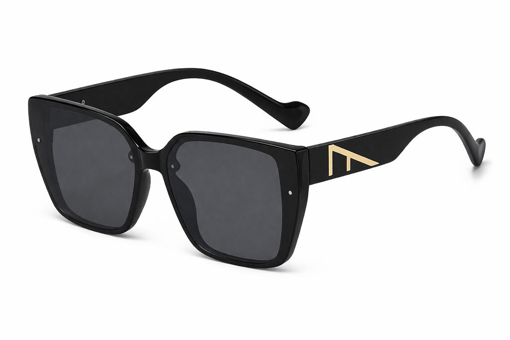 Black Glossy Oversized Sunglasses with Gold Accent