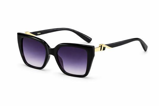 Black Glossy Square Sunglasses with Gold Accents