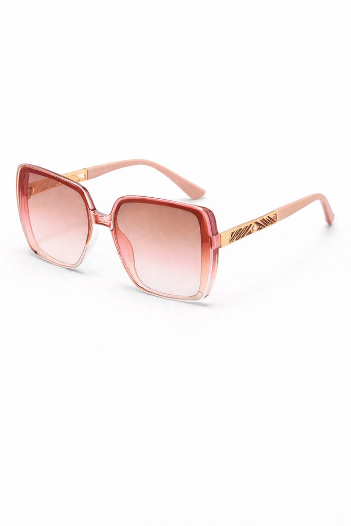 Rose Tinted Gradient Square Sunglasses with Gold Accents