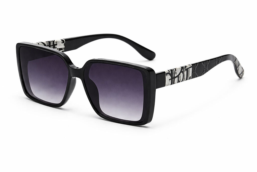 Black Geometric Square Sunglasses with Patterned Arms