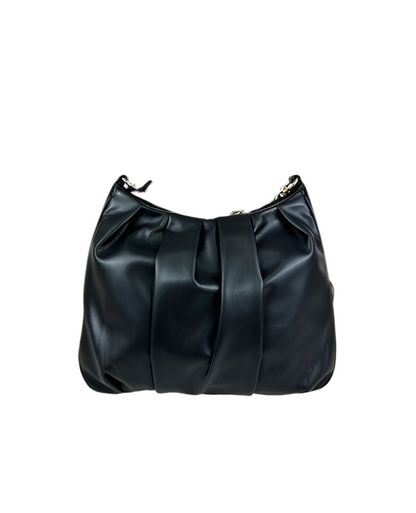 Black Gathered Leather Shoulder Bag with Chain Detail