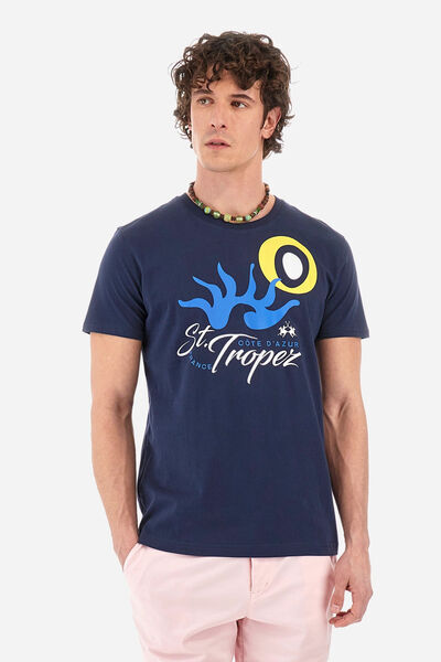 Navy Graphic Cotton T-Shirt with St. Tropez Print