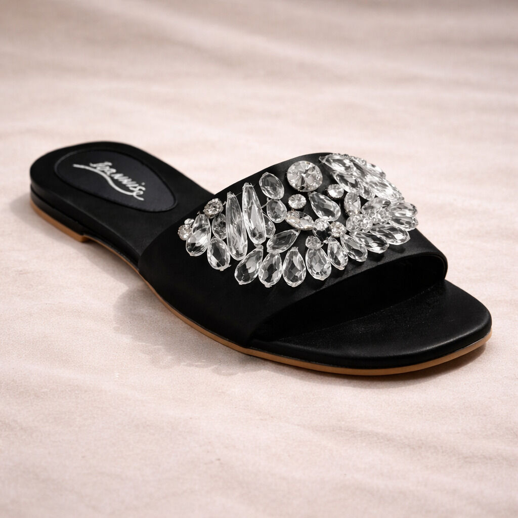 Black Embellished Slide Sandals with Crystal Accent