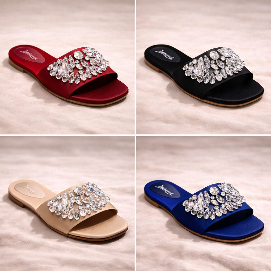 Black Embellished Slide Sandals with Crystal Accent