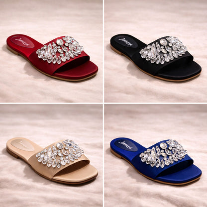 Black Embellished Slide Sandals with Crystal Accent