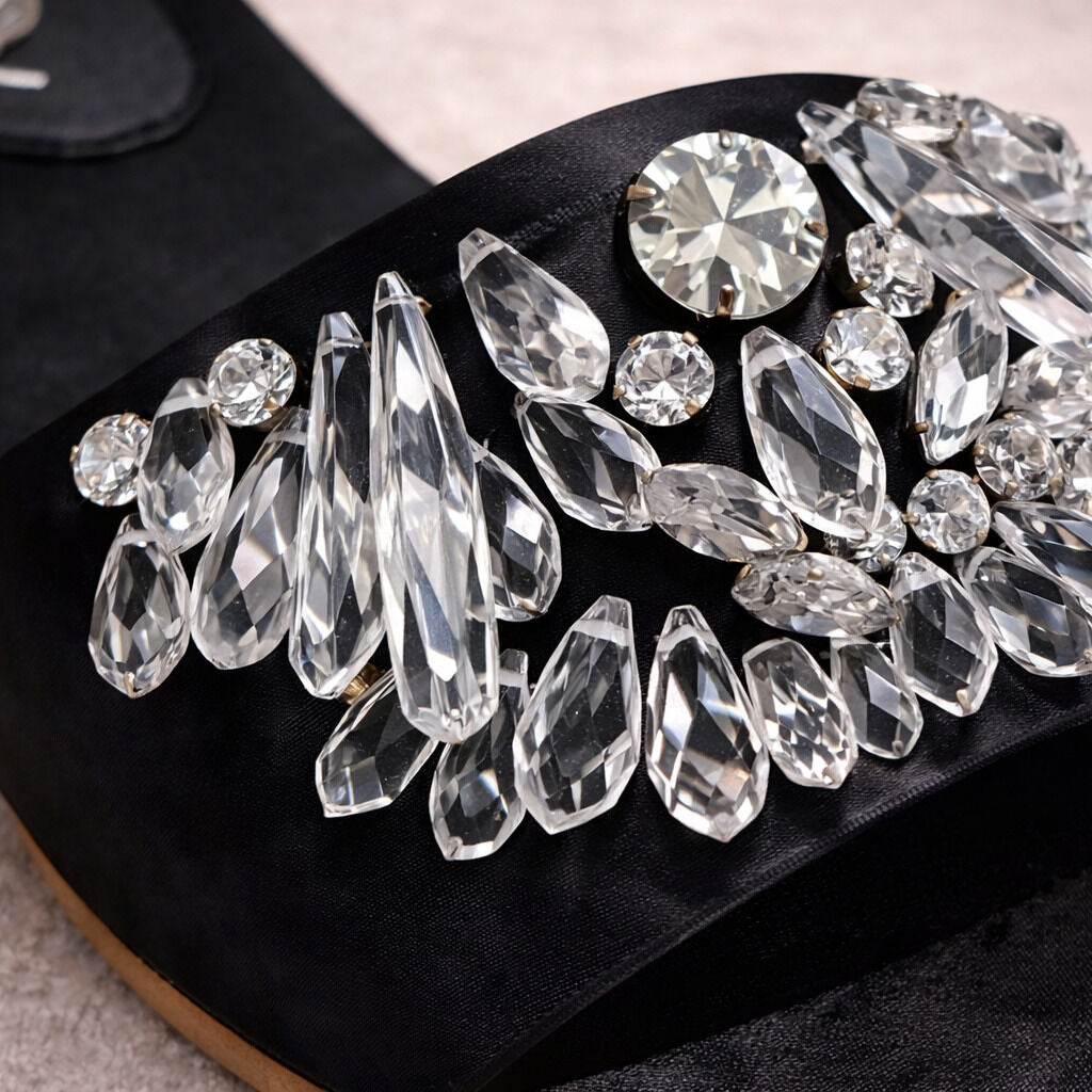 Black Embellished Slide Sandals with Crystal Accent