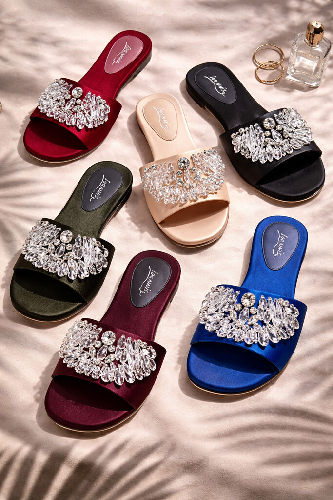 Black Embellished Slide Sandals with Crystal Accent