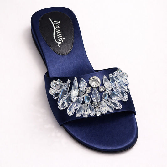 Navy Satin Slide Sandals with Crystal Embellishments