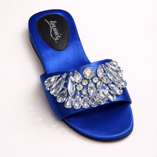 Blue Satin Slide Sandal with Crystal Embellishment