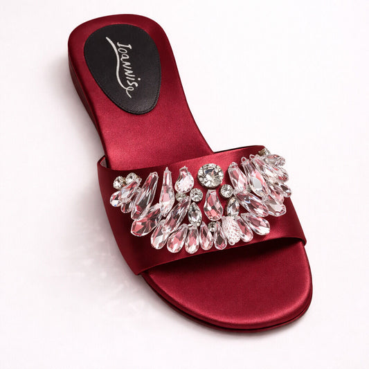 Deep Red Satin Sandal with Crystal Embellishments