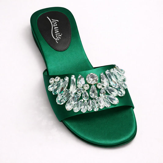Emerald Satin Slide Sandal with Crystal Embellishments