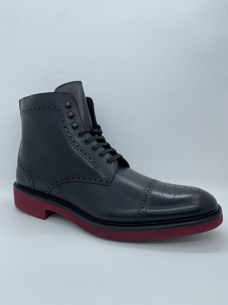 Black Leather Brogue Boots with Red Sole