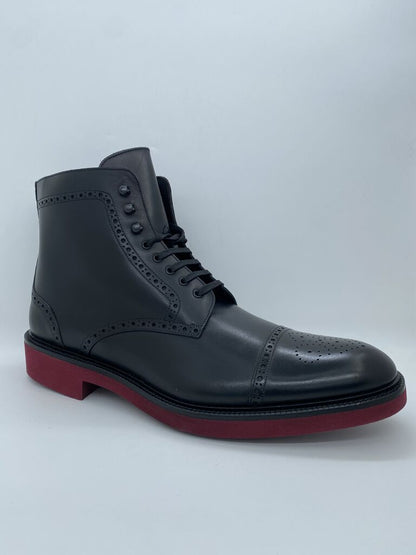 Black Leather Brogue Boots with Red Sole