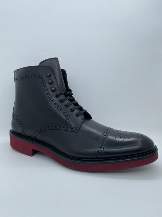 Black Leather Brogue Boots with Red Sole