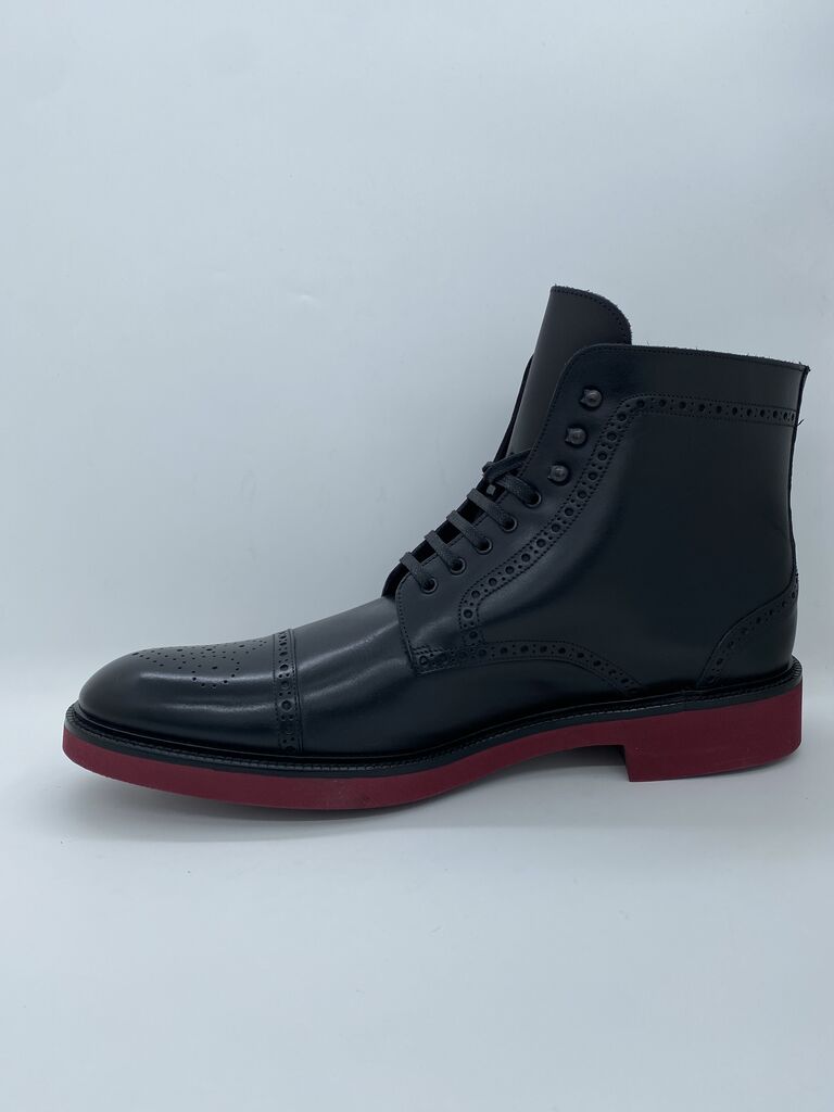 Black Leather Brogue Boots with Red Sole