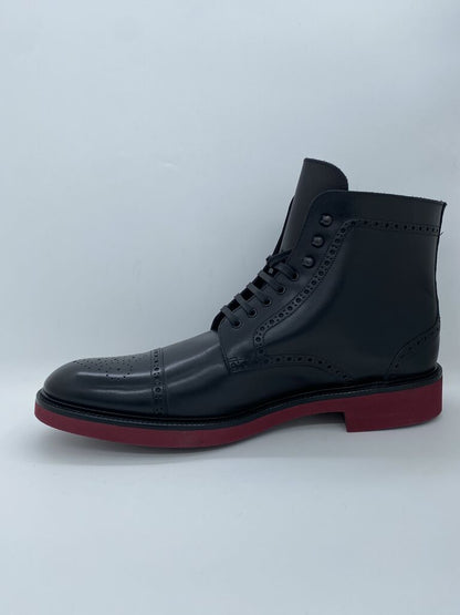 Black Leather Brogue Boots with Red Sole