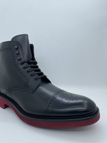 Black Leather Brogue Boots with Red Sole