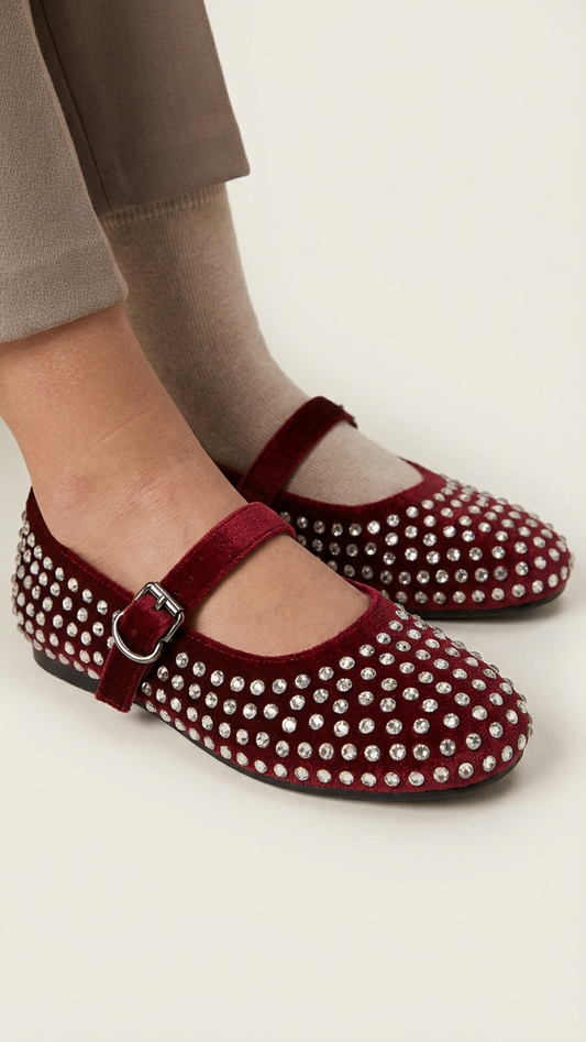 Red Studded Suede Mary Jane Flats