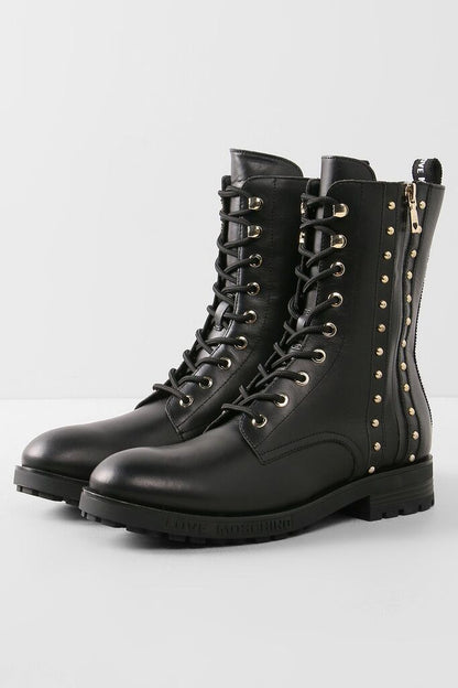 Black Studded Combat Boots with Lace-Up Closure