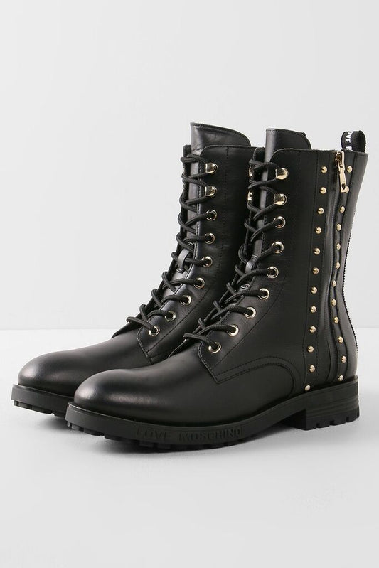 Black Studded Combat Boots with Lace-Up Closure