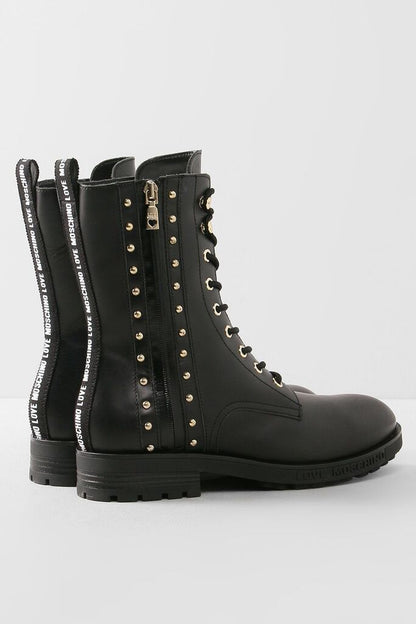 Black Studded Combat Boots with Lace-Up Closure