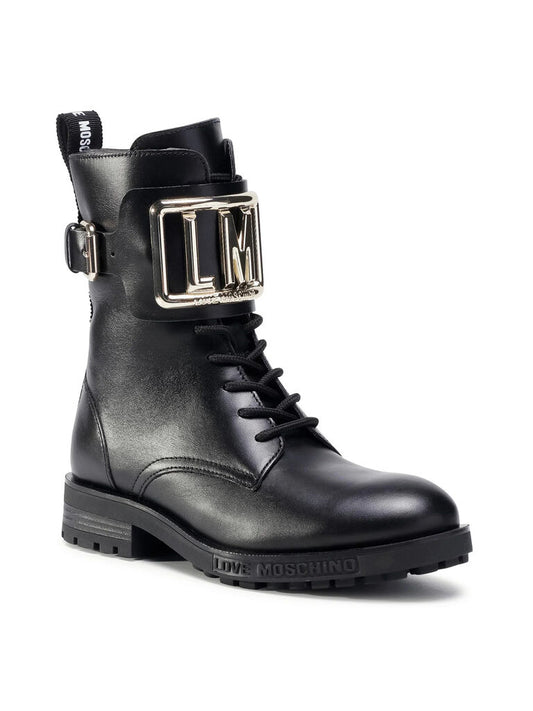 Black Leather Boot with Logo Buckle Accent