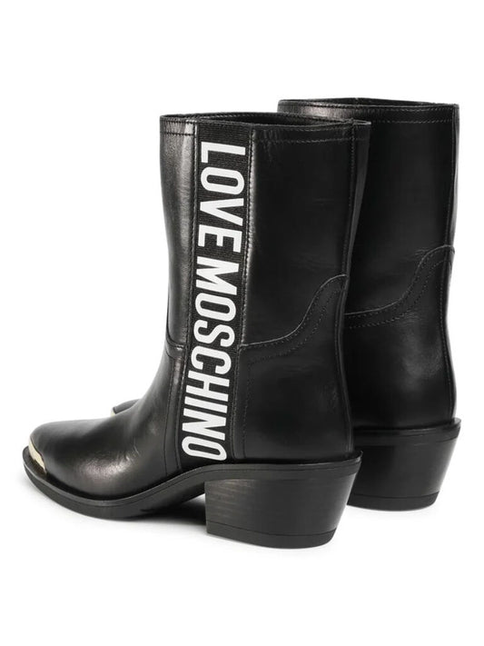 Black Leather Ankle Boots with Logo Detail