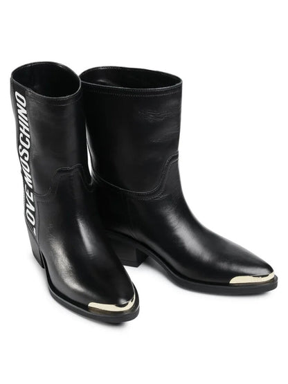 Black Leather Ankle Boots with Logo Detail