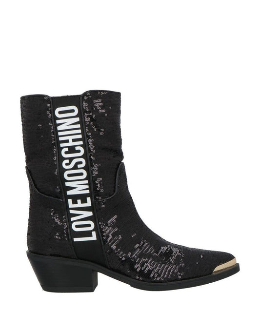 Black Sequin Ankle Boots with Logo Accent