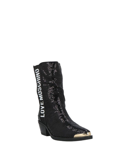 Black Sequin Ankle Boots with Logo Accent