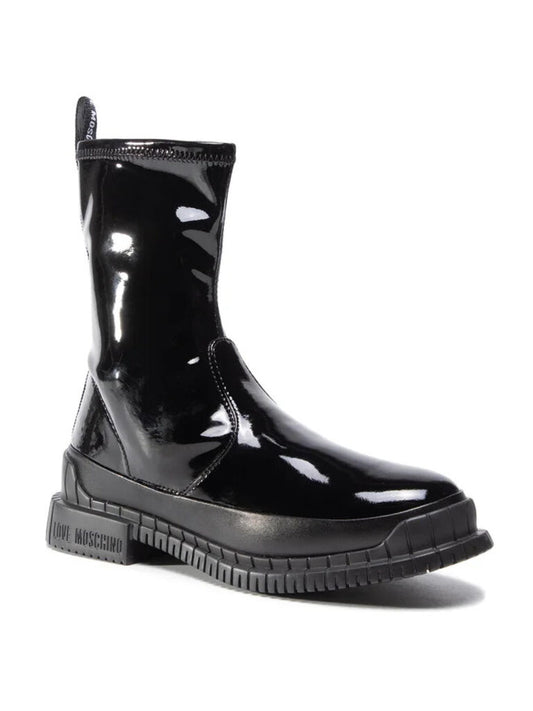 Black Patent Mid-Calf Boots with Chunky Sole