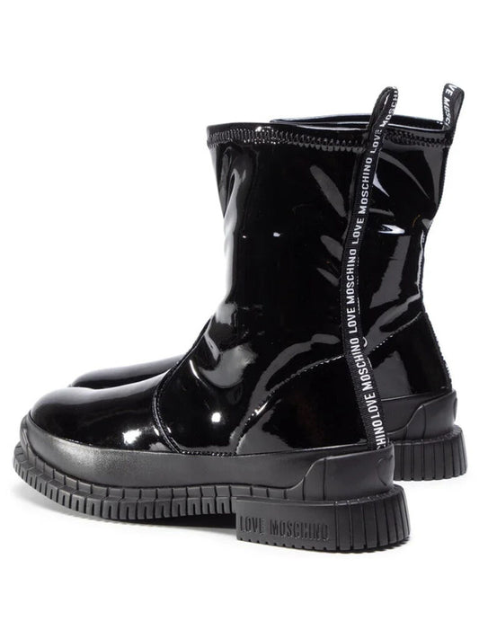 Black Patent Mid-Calf Boots with Chunky Sole