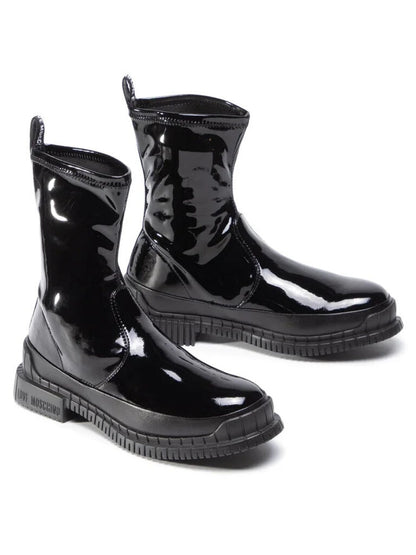 Black Patent Mid-Calf Boots with Chunky Sole