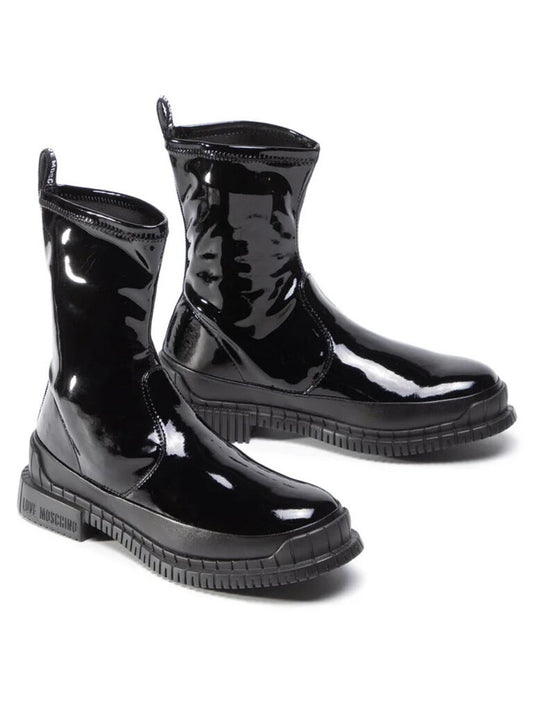 Black Patent Mid-Calf Boots with Chunky Sole